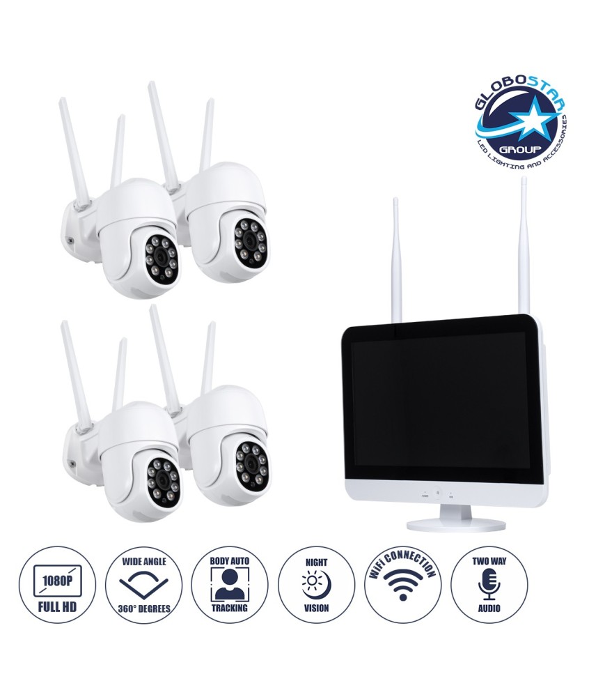 GloboStar® 86041 Ασύρματο Καταγραφικό με Οθόνη - 4 x Camera 2MP 1080P WiFi  360° Μοιρών - Αδιάβροχο IP66 - Νυχτερινή Όραση με LED IR - Διπλή Κατέυθυνση Ομιλίας - Ανιχνευτή Κίνησης - Νυχτερινή Λήψη - Λευκό